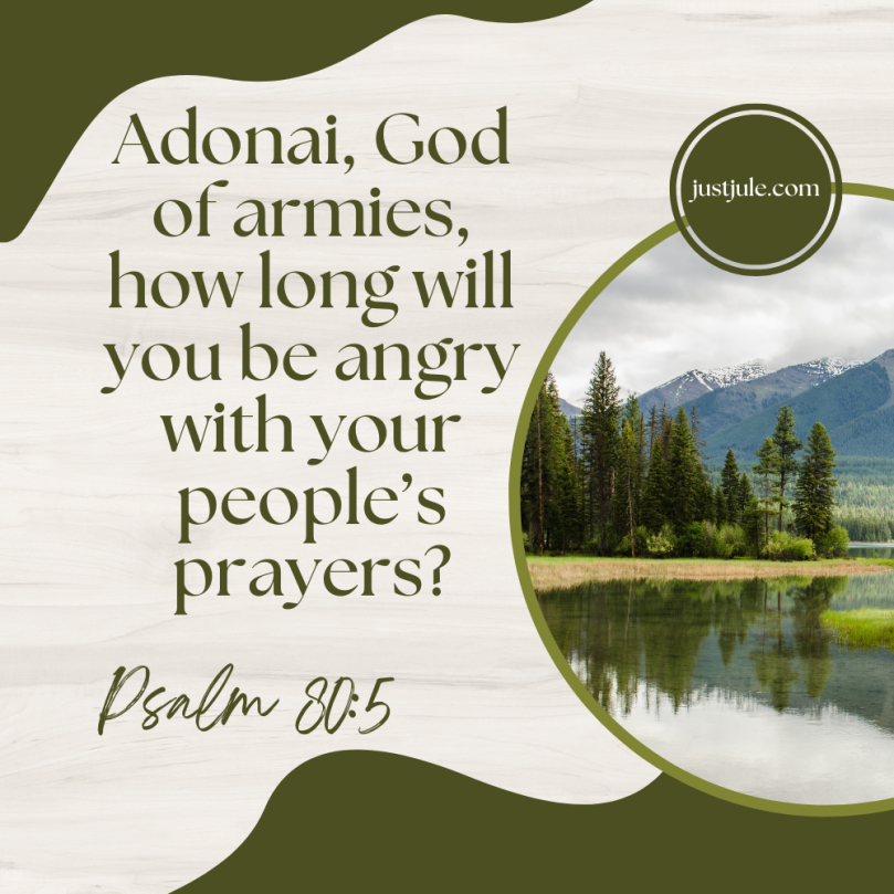 Adonai, God of armies, how long will you be angry with your people’s prayers? Psalm 80:5 