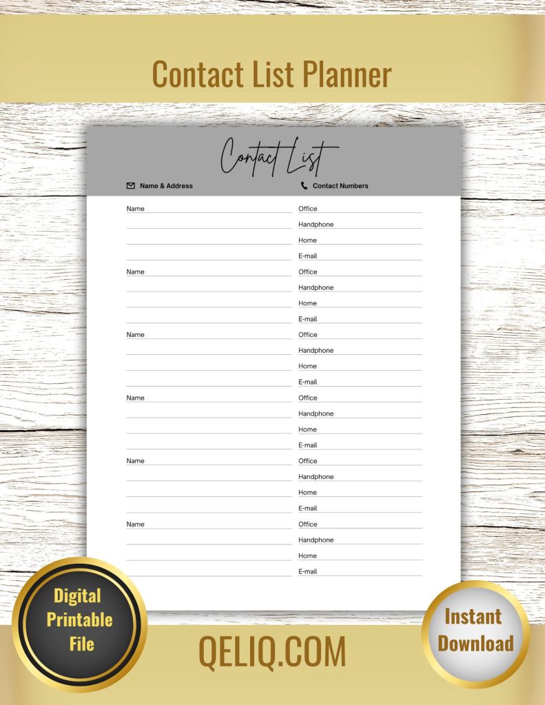Contact List Planner: PDF Printable