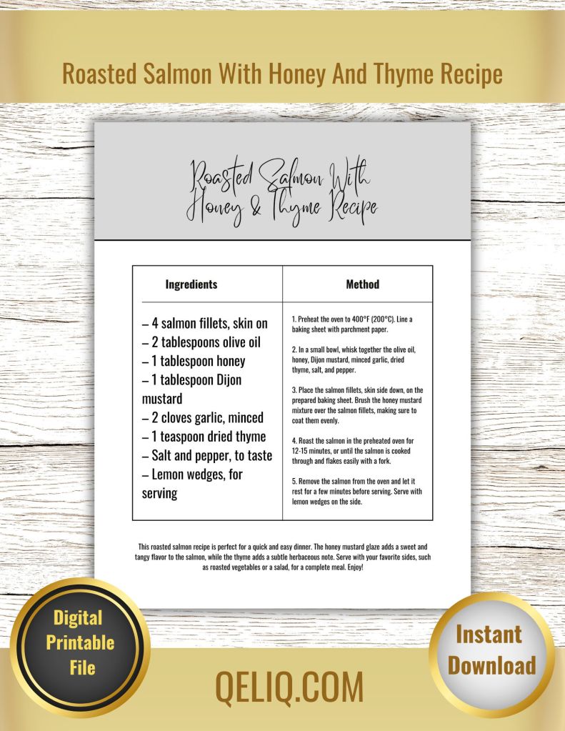 Roasted Salmon With Honey And Thyme Recipe Card PDF Printable