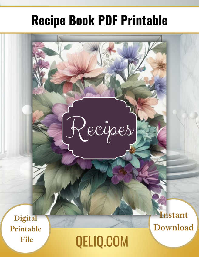 Recipe Book Cover Printable - Floral Watercolor Purple