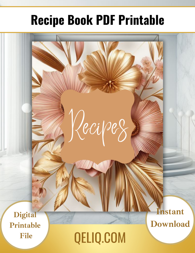 Recipe Book Cover Printable - Floral Abstract Pink Gold