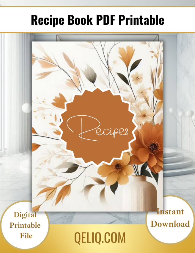Recipe Book Cover Printable - Floral Watercolor Orange Brown 
