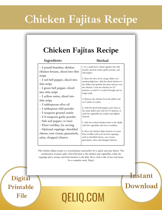 Chicken Fajitas Recipe Card PDF Printable